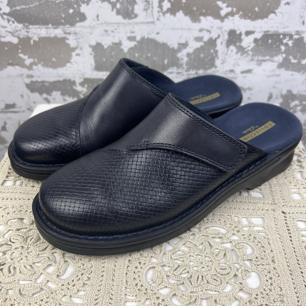 Clarks Patty Tayna Vamp Mule Clogs Womens 5M Navy Blue Leather Woven Texture